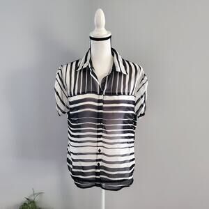 Lily Star Sheer Striped Short Sleeve Button Down Top M